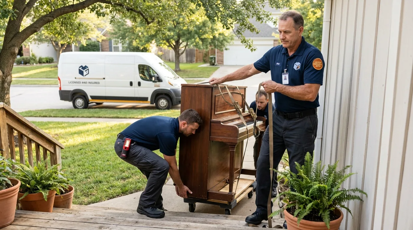 Licensed piano movers securing grand piano in New Paltz, NY
