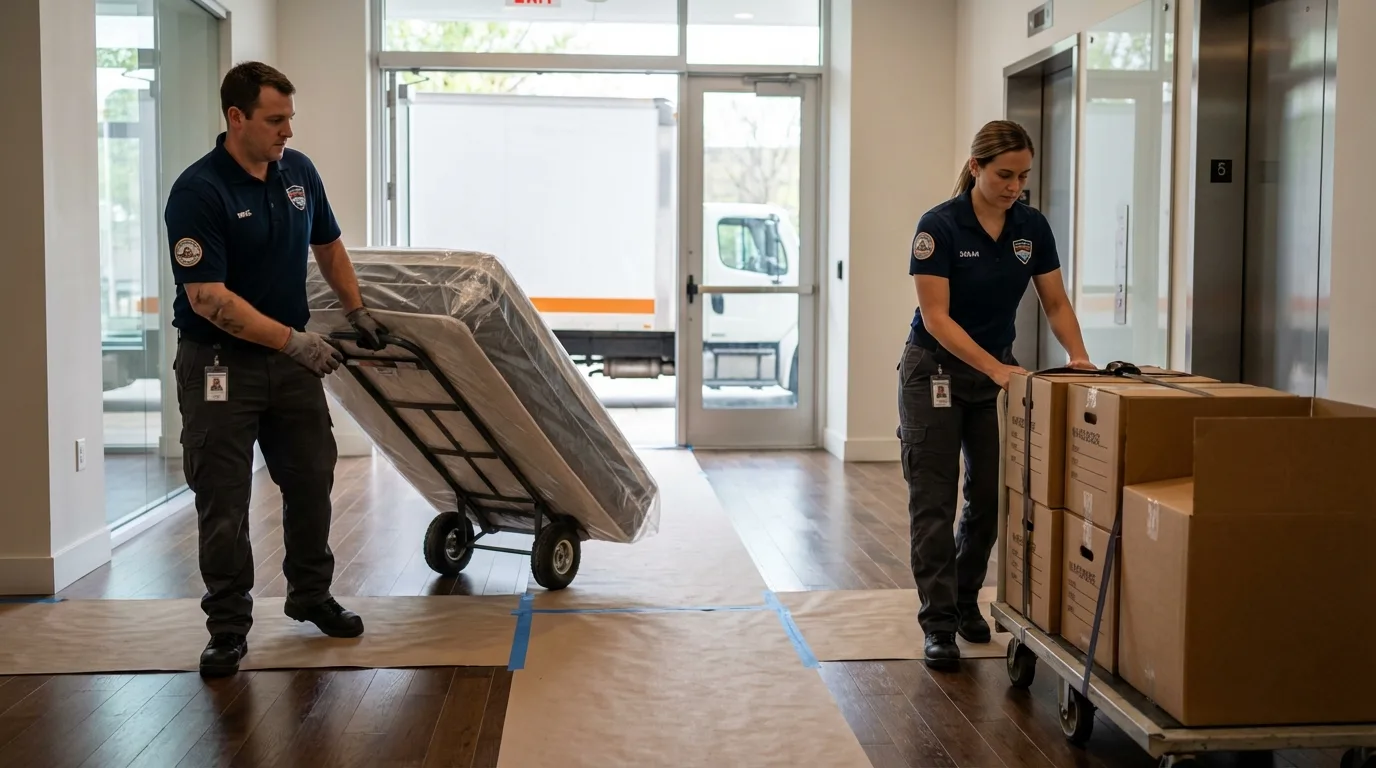 Professional apartment movers loading elevator in New Paltz, NY