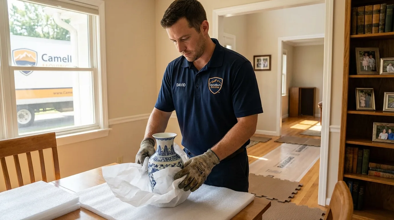 Professional crew carefully wrapping antique vase for senior downsizing move in New Paltz, NY